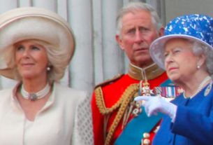 The Queen with Charles and Camilla, who have all tested positive for Covid.
