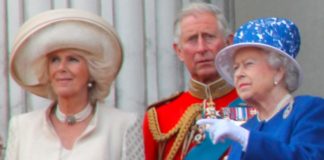 The Queen with Charles and Camilla, who have all tested positive for Covid.