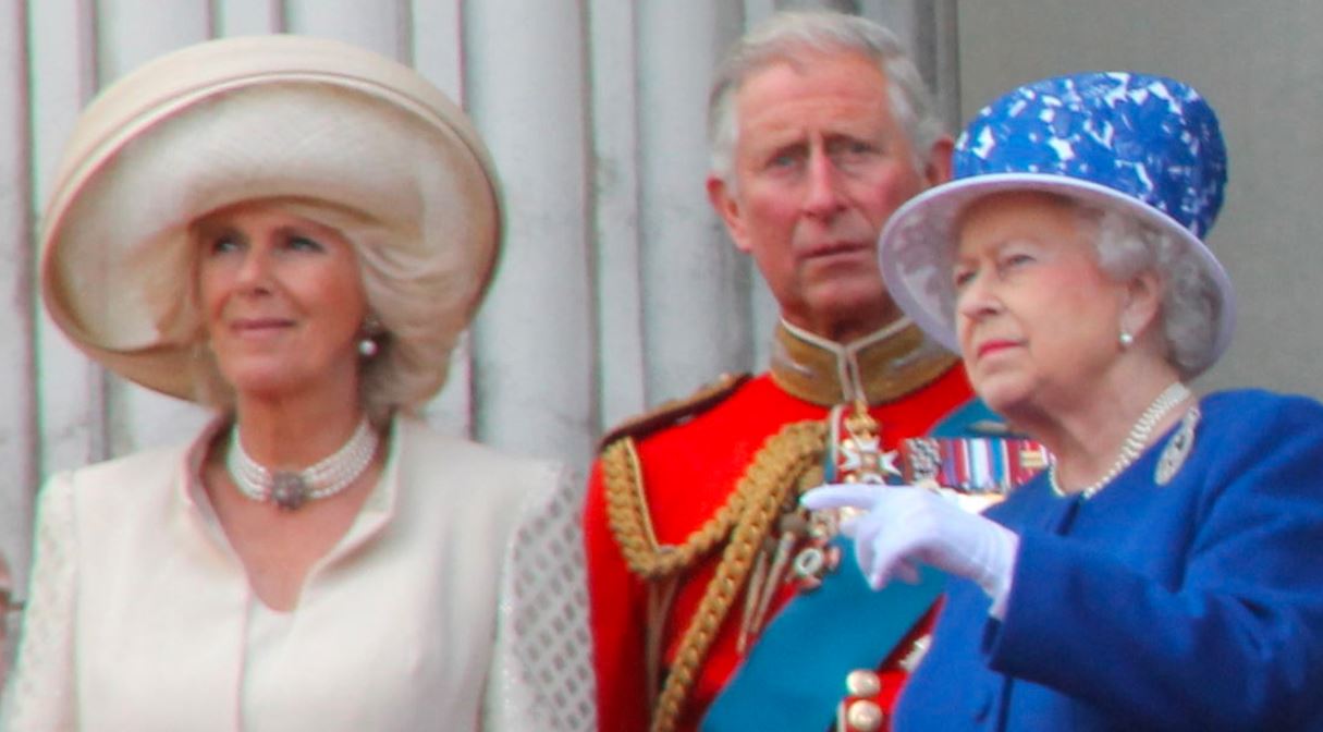 The Queen with Charles and Camilla, who have all tested positive for Covid.