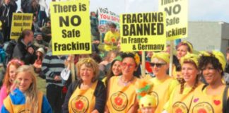 A group of protestors calling for a fracking ban, dressed in yellow t-shirts and holding placards.