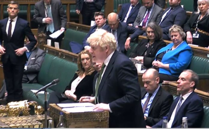 The UK's prime minister announcing sanctions on Russia from the Common's dispatch box